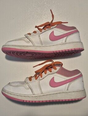 Nike Kids Air Jordan White Sneakers with Pink Swoosh and Orange Laces